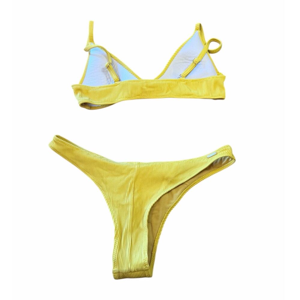 White Fox Women's Bikini Yellow Ribbed Front Closure Cheeky Bottom Size Medium - Picture 2 of 9